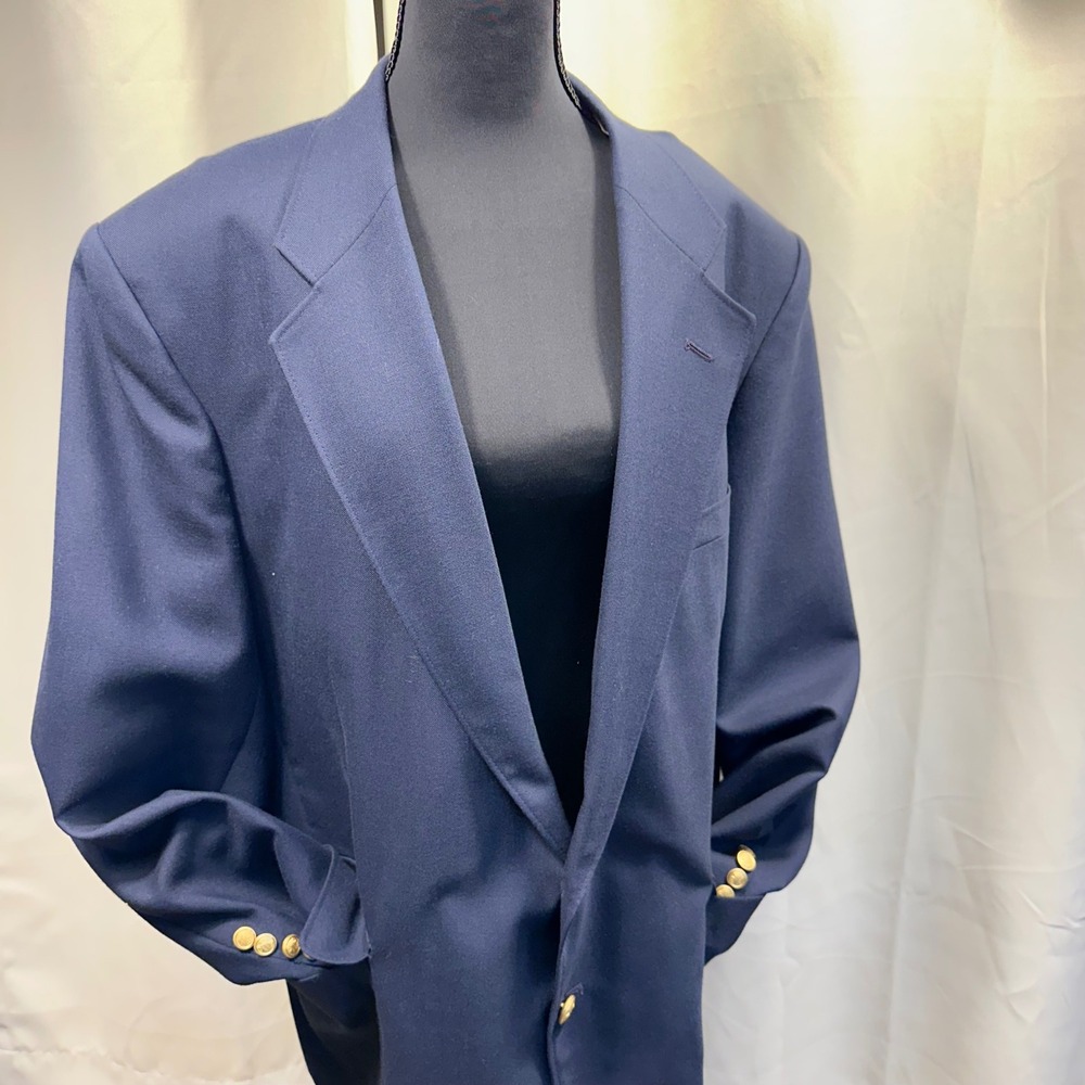 Stanley Blacker Blazer Mens 46R Navy Blue Gold Crest Button Sport Coat Excellent